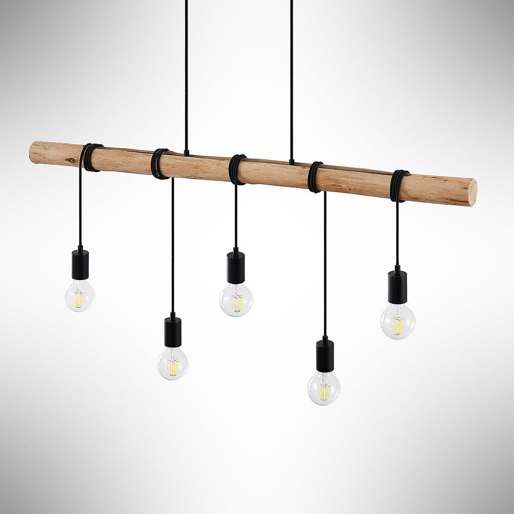 Lindby suspension Rome, 5 lampes, bois, corde, noir, 116 cm — vue de trois quarts — photo fabricant