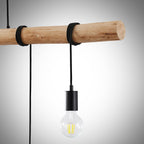 Lindby suspension Rome, 5 lampes, bois, corde, noir, 116 cm — détail du bois et des câbles — photo fabricant