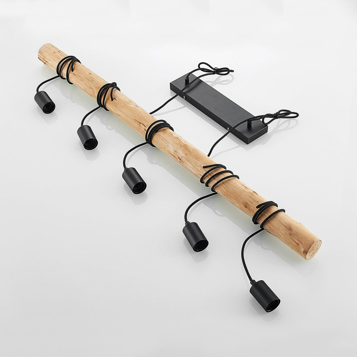 Lindby suspension Rome, 5 lampes, bois, corde, noir, 116 cm — éléments avant assemblage — photo fabricant