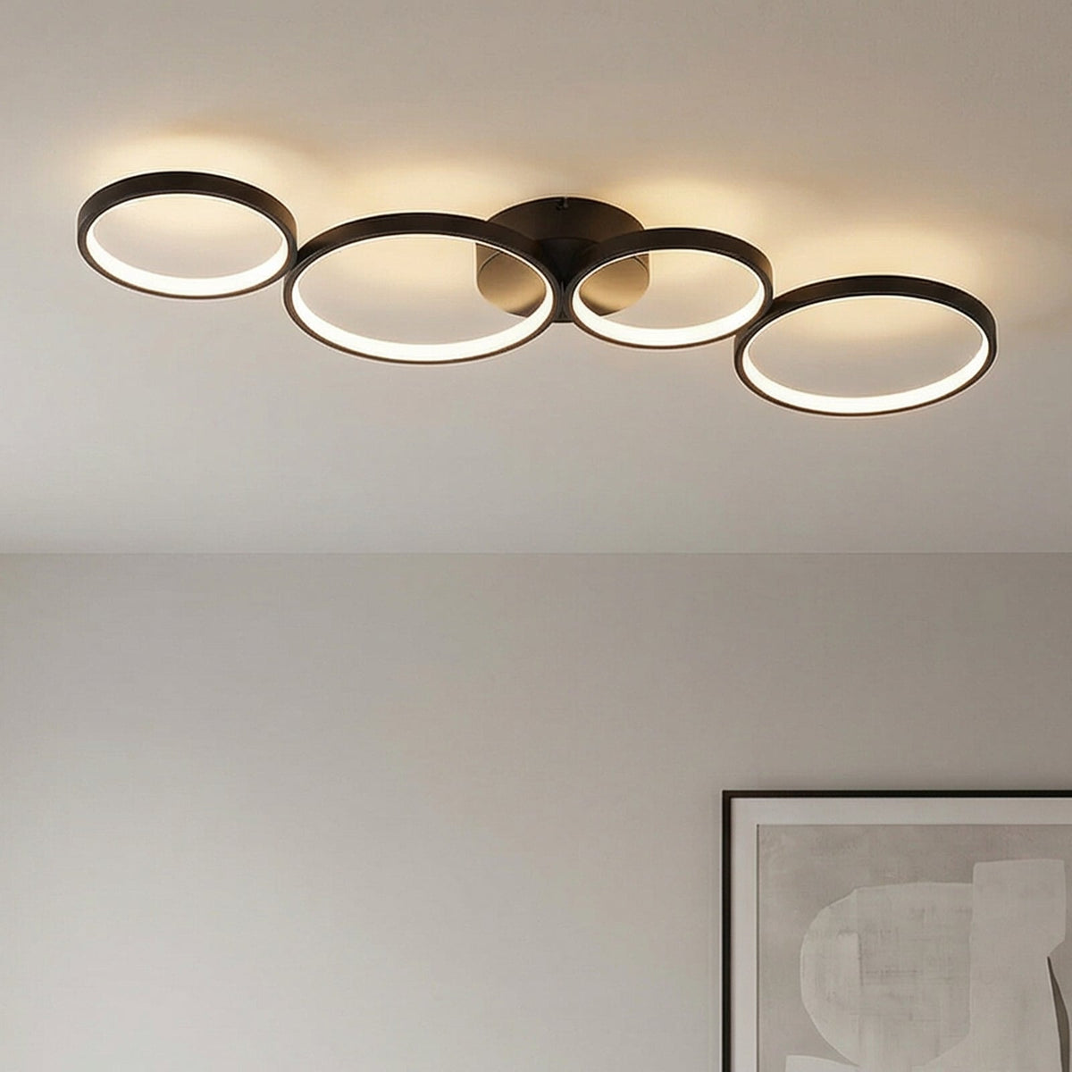 Lindby Plafonnier LED Evengeline, noir, aluminium, 88 cm — vue de face allumée — photo fabricant