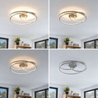 Plafonnier LED Lindby Joline, Ø 60 cm, couleur nickel, métal — présentation des niveaux d’éclairage — photo fabricant