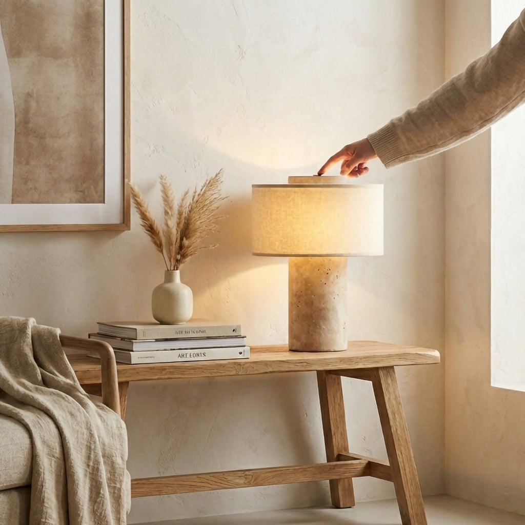 Lampe nomade en pierre — Lampe en pierre blanche, main près de la commande supérieure