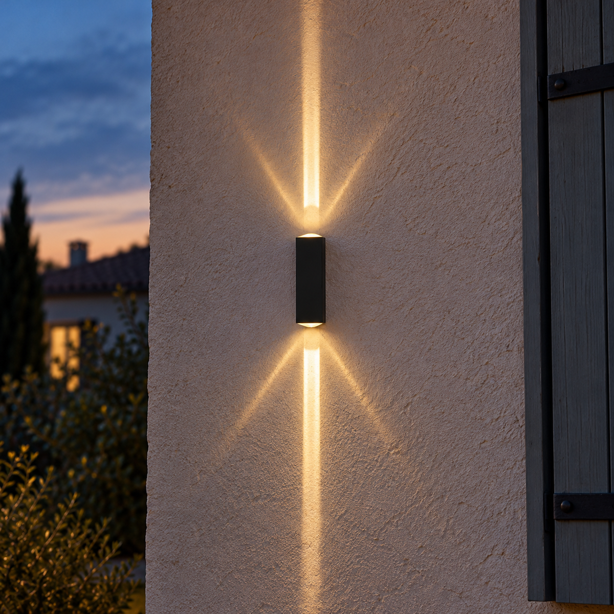 Noctéra — petite applique noire et jeu de faisceaux sur une façade