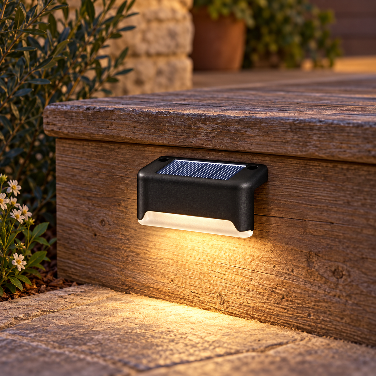 Solstice — détail d’une lampe solaire noire posée sur une marche