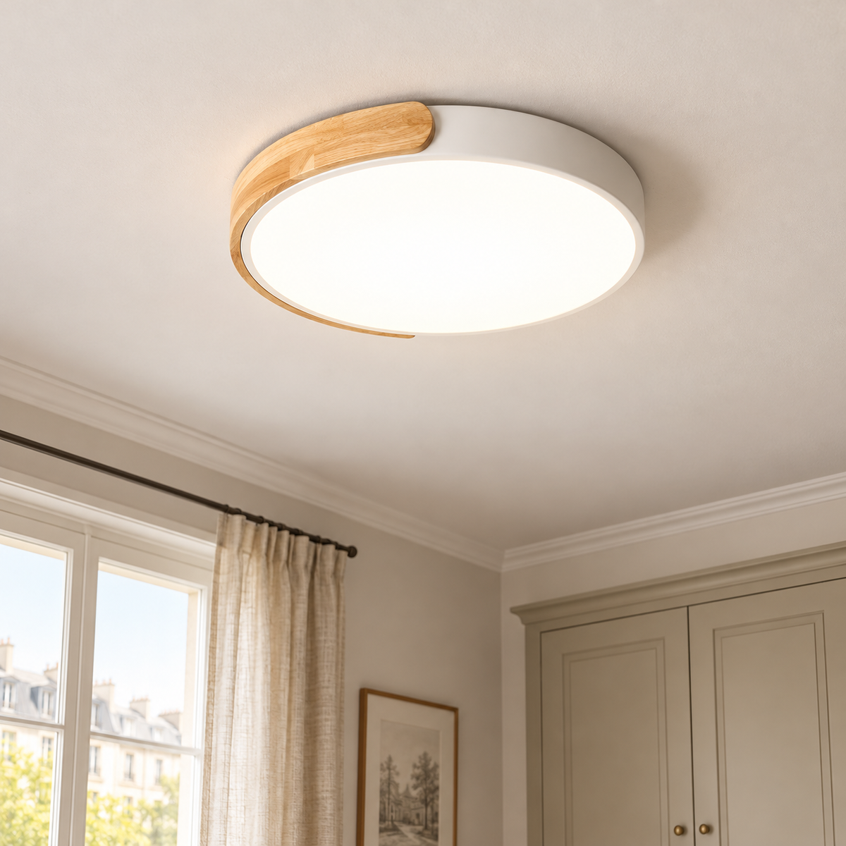 Contour — plafonnier blanc à accent bois dans une chambre