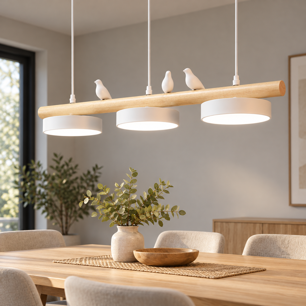 Aviara blanche — trois oiseaux, trois abat-jour et câbles blancs au-dessus d’une table
