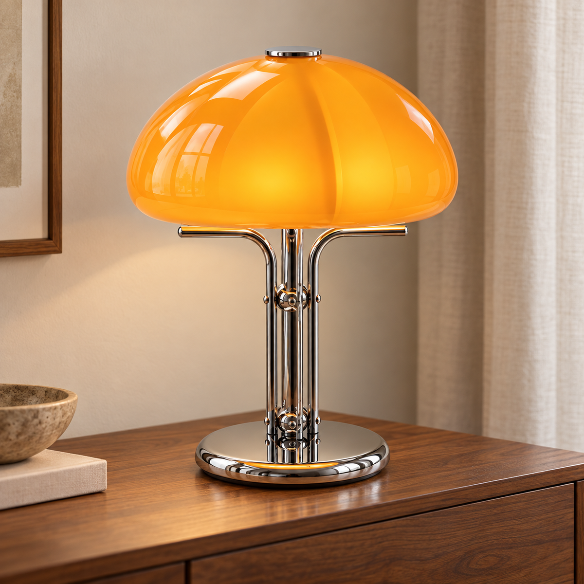 Girolle orange et chrome sur une console en noyer, nouvelle scène de galerie.