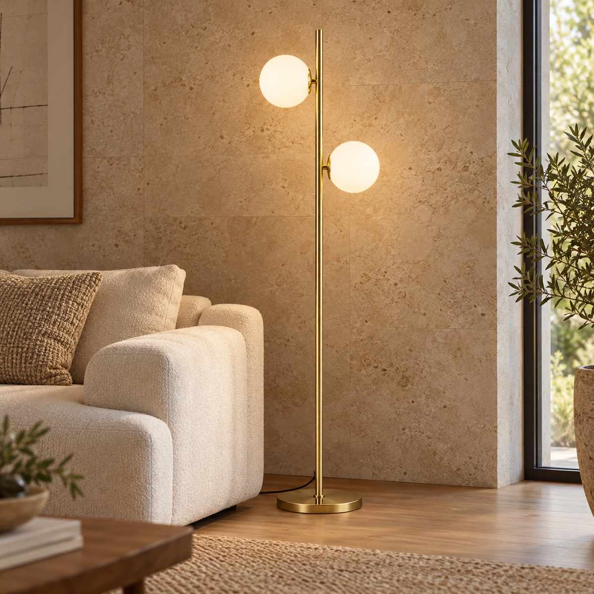 Gémelle — lampadaire doré à deux globes blancs près du canapé