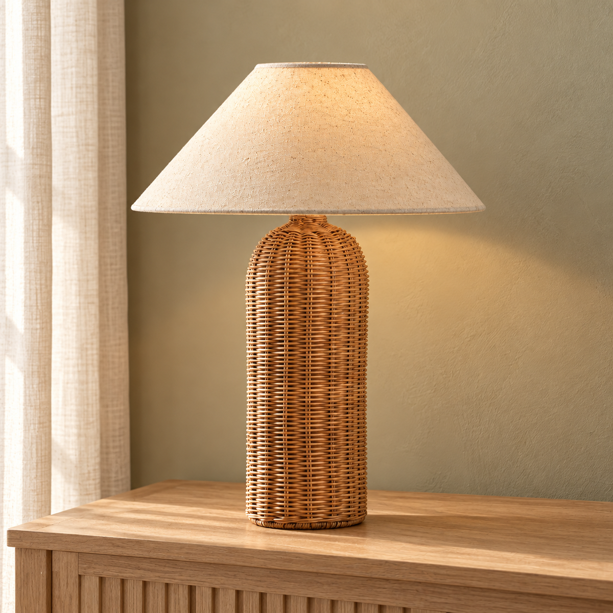 Rotin, lampe à poser tressée et abat-jour écru sur une console.