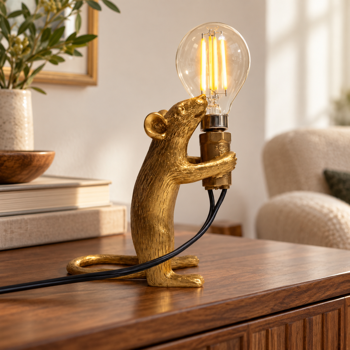 Lampe souris dorée, variante A debout, sur une console en bois dans un salon.