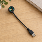 Lampe USB noire à tête ronde et flexible, présentée sur un bureau avec sa fiche USB visible.