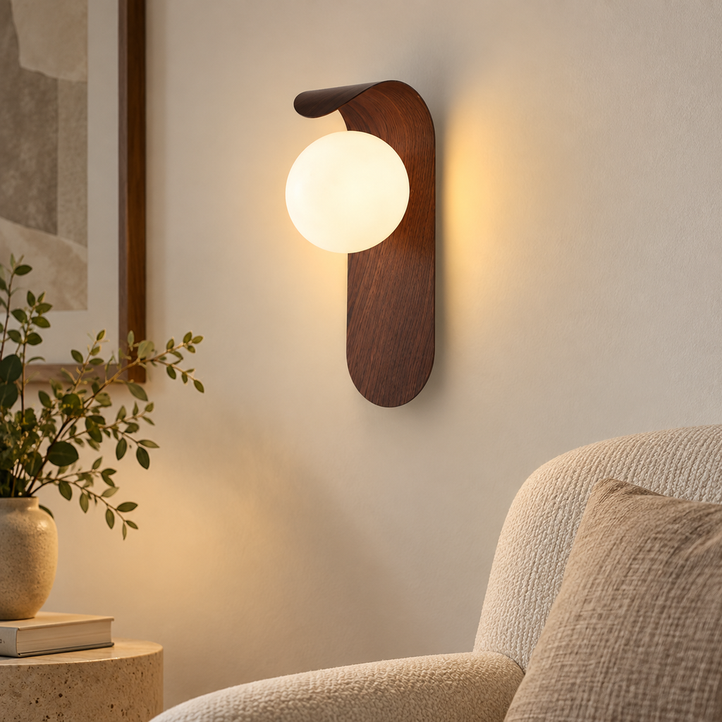Applique murale globe — finition Noyer et globe blanc — vue complémentaire 5, mise en scène générée