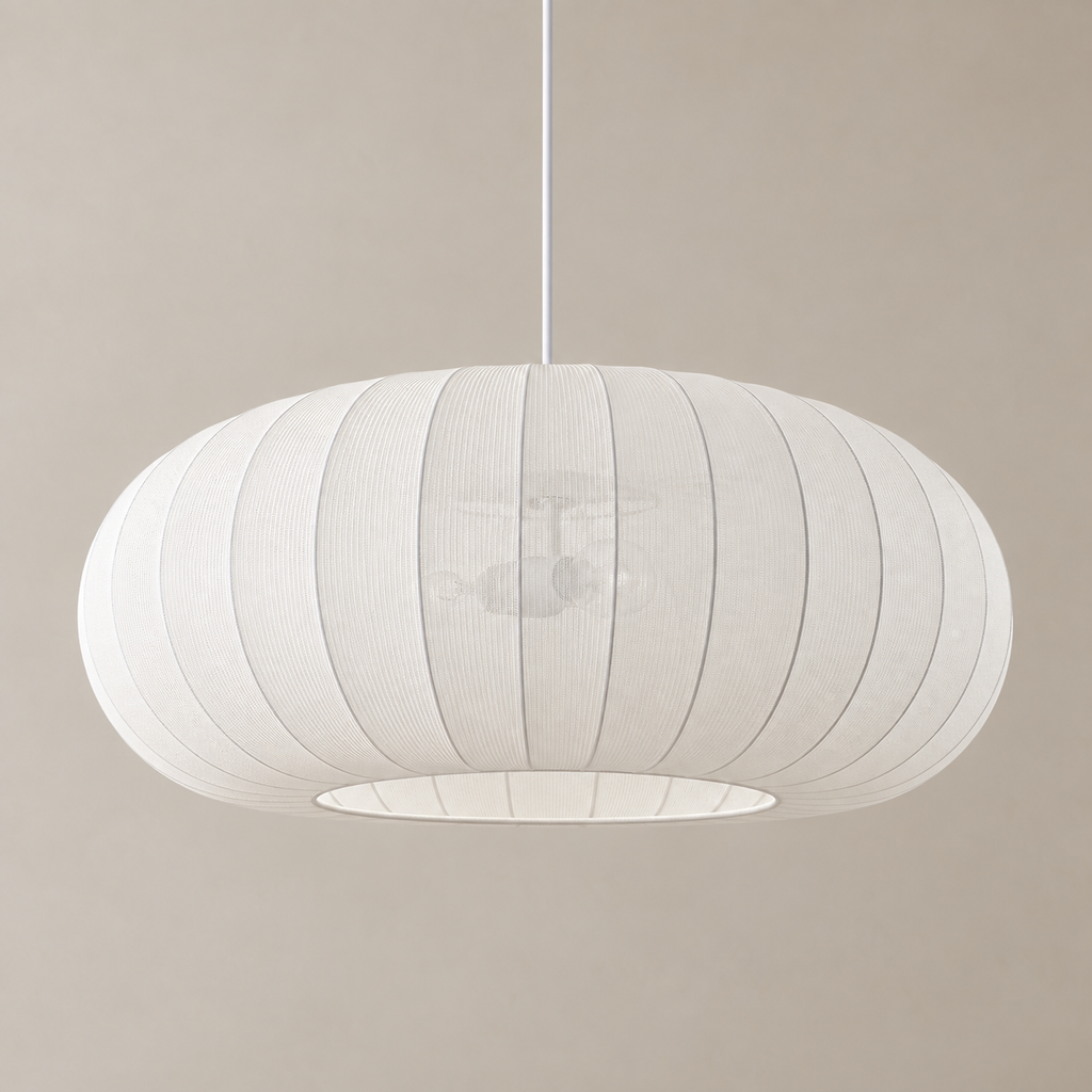 Suspension Lindby Helin, blanche, Ø 70 cm, textile, 3 x E27 — Forme de l’abat-jour — Mise en scène illustrative · Blanche, diamètre 70 cm
