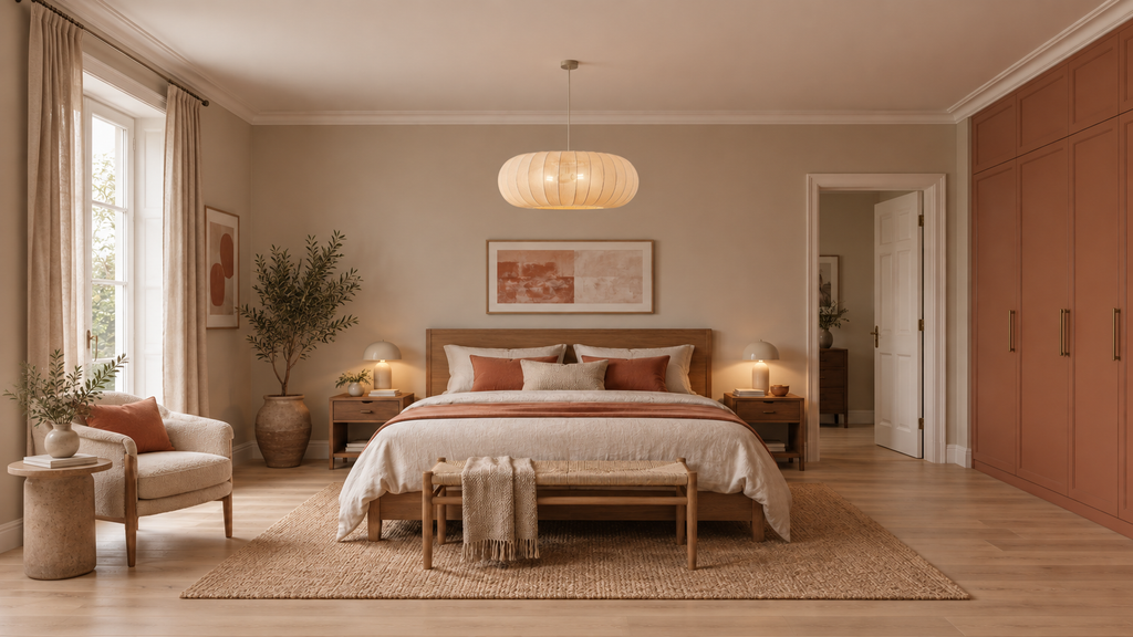 Suspension Lindby Helin, beige, Ø 70 cm, textile, 3 x E27 — Chambre parents, mise en scène illustrative.