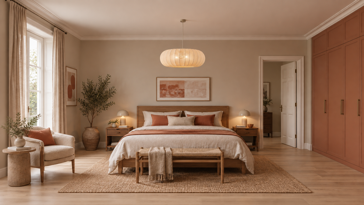 Suspension Lindby Helin, beige, Ø 70 cm, textile, 3 x E27 — Chambre parents, mise en scène illustrative.