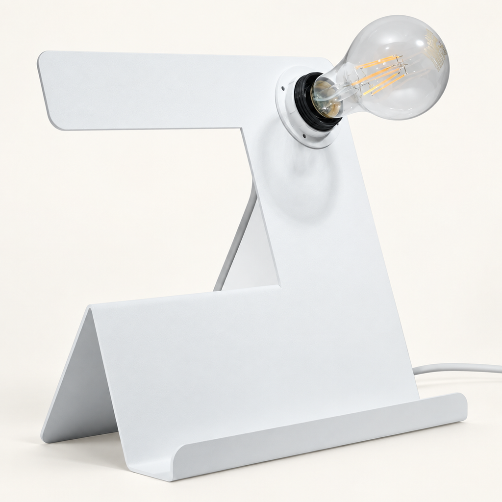 Lampe de bureau INCLINE blanche, vue de trois quarts