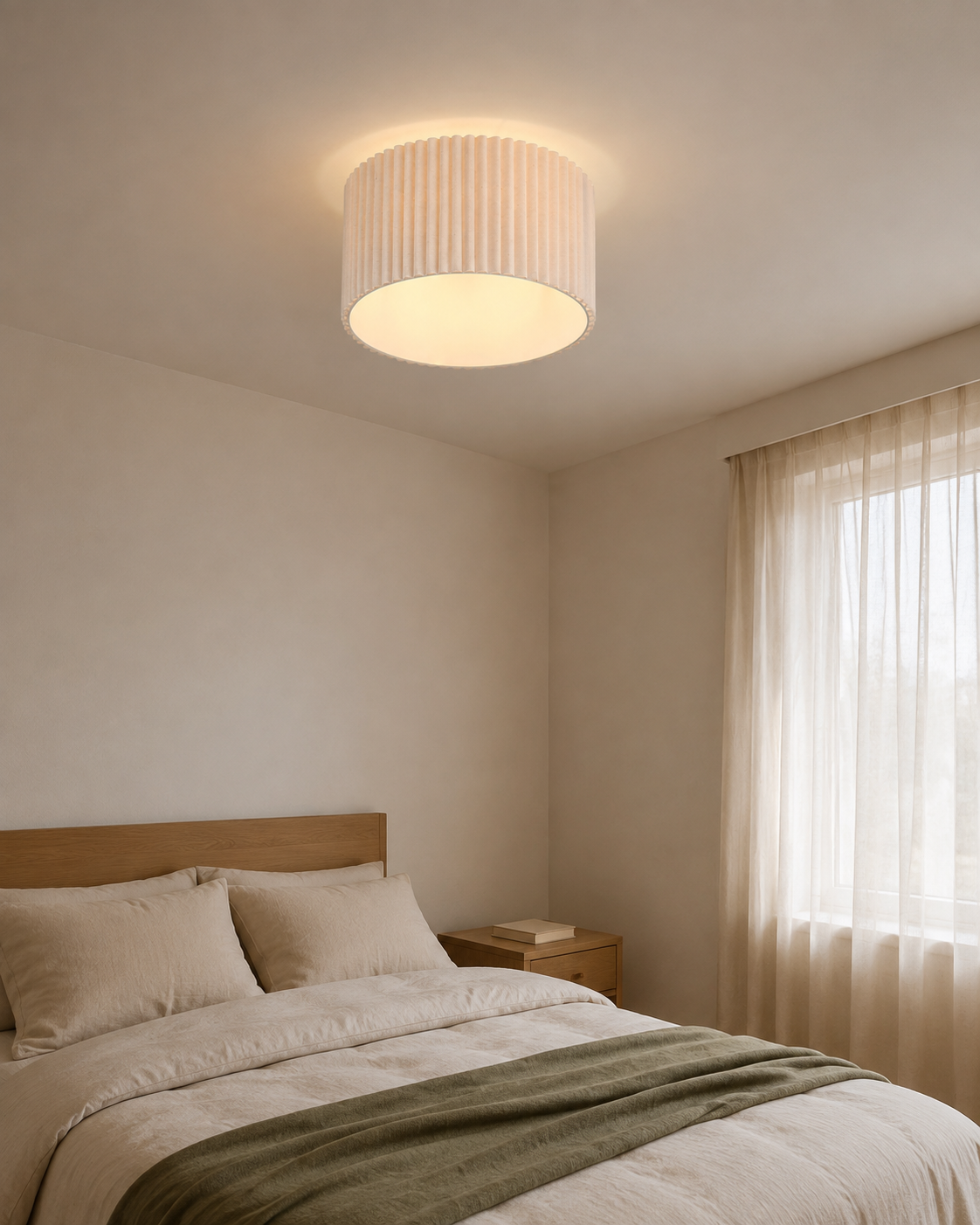 Plafonnier Lindby Libbie crème dans une chambre — mise en situation retouchée