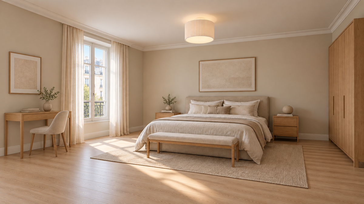 Plafonnier Lindby Libbie, Ø 45 cm, lin, couleur crème — Chambre parents, mise en scène illustrative.
