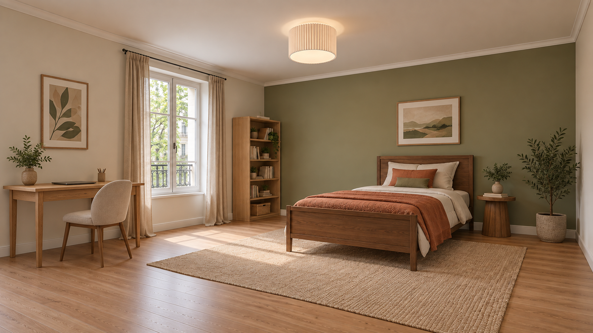 Plafonnier Lindby Libbie, Ø 45 cm, lin, couleur crème — Chambre étudiante, mise en scène illustrative.