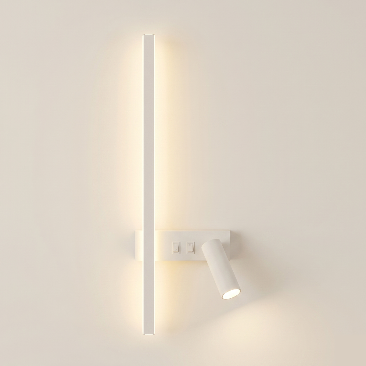 Liséa — aplique blanco con barra luminosa vertical y foco a la derecha