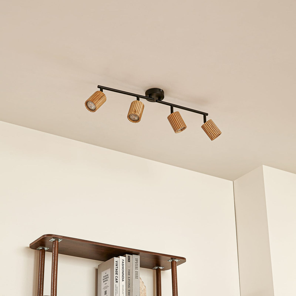 Spot pour plafond Lindby Stralino, à 4 lampes, longueur 60 cm, bois — vue 3, référence 10042012