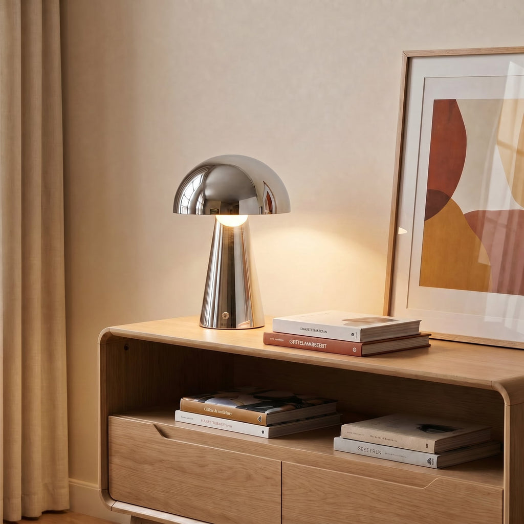 Lampe de table LED rechargeable Lindby Nevijo, chrome, Ø 20 cm, USB, variateur — vue 2, référence 10044190
