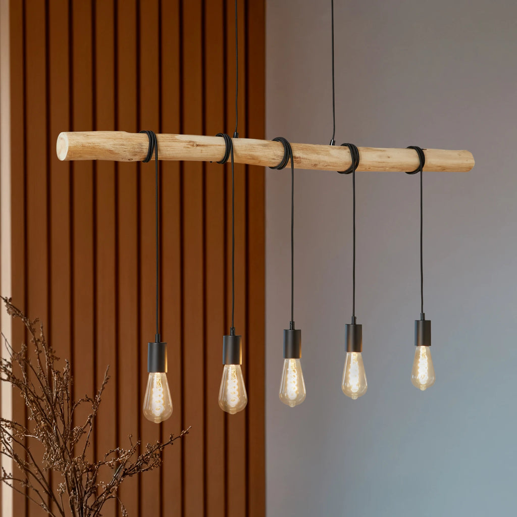 Lindby suspension Rome, 5 lampes, bois, corde, noir, 116 cm — vue 1, référence 9626190
