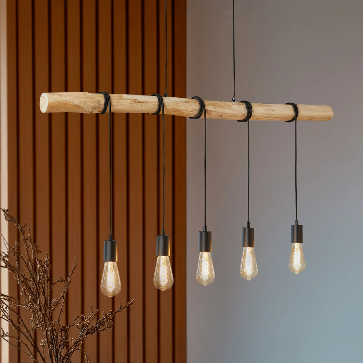 Lindby suspension Rome, 5 lampes, bois, corde, noir, 116 cm — vue 1, référence 9626190