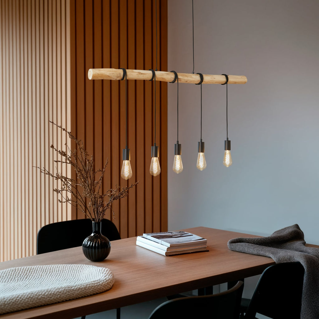 Lindby suspension Rome, 5 lampes, bois, corde, noir, 116 cm — vue 2, référence 9626190