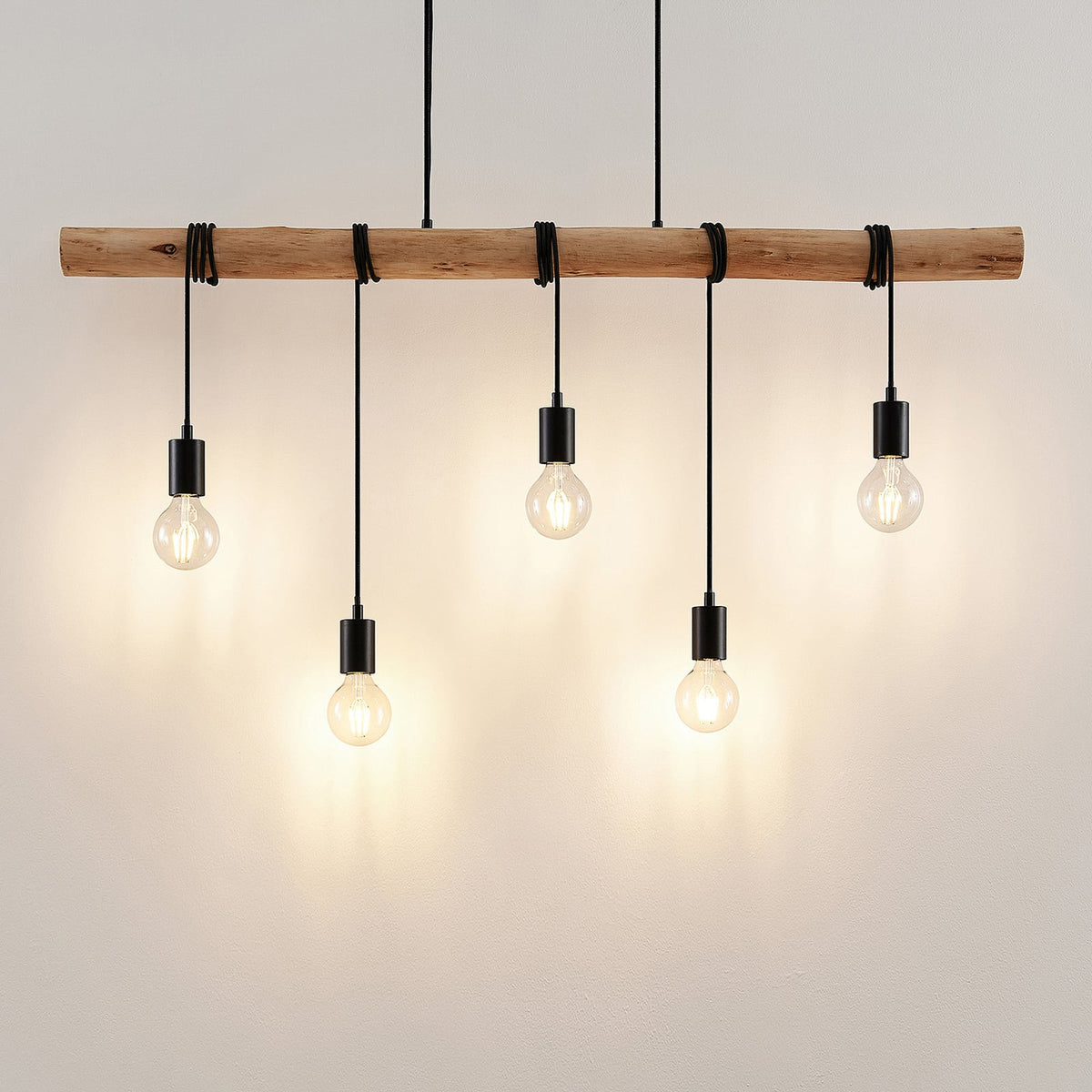 Lindby suspension Rome, 5 lampes, bois, corde, noir, 116 cm — vue 3, référence 9626190