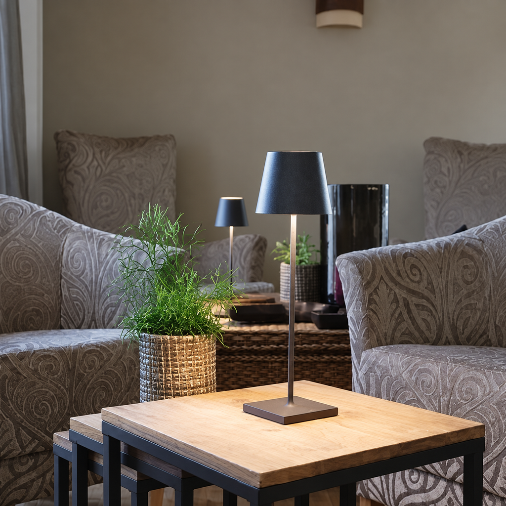 Luminelle — lampe sans fil sur une table, photo améliorée par IA