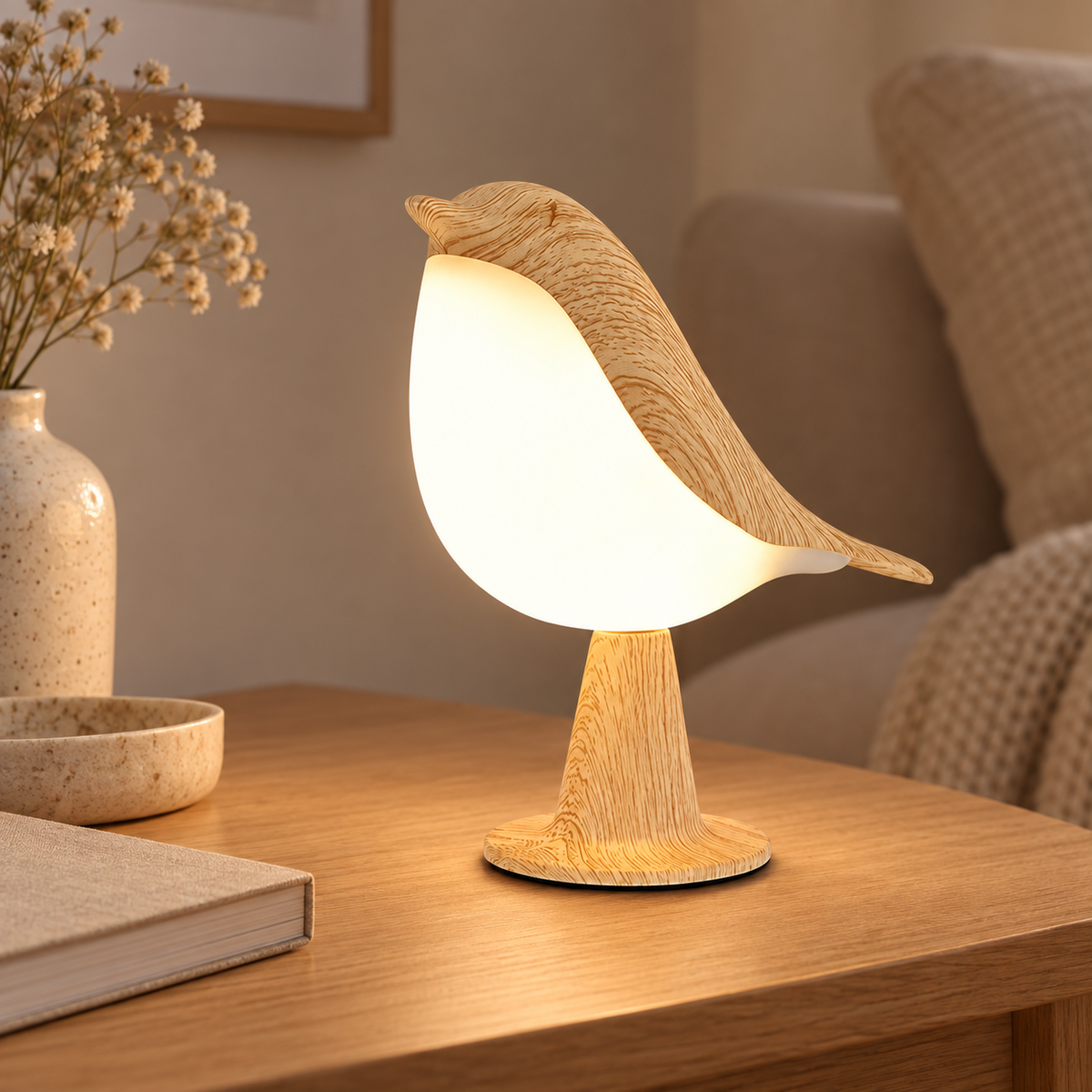 oiseau — aspect bois clair et diffuseur blanc, vue de trois quarts