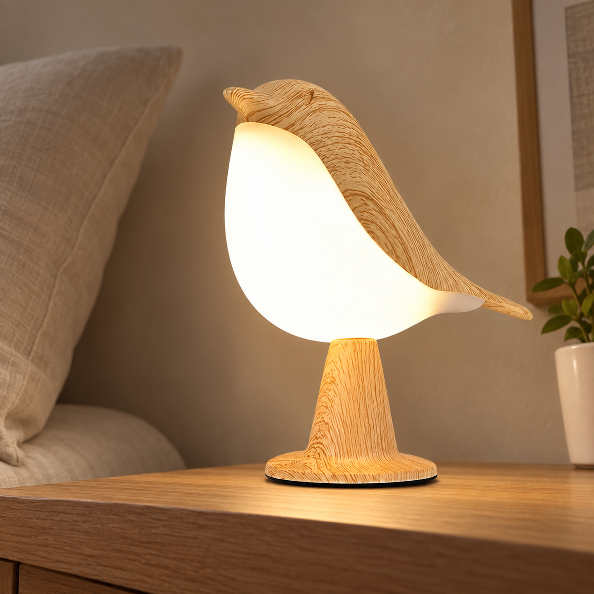 oiseau — aspect bois clair et diffuseur blanc, vue en contre-plongée