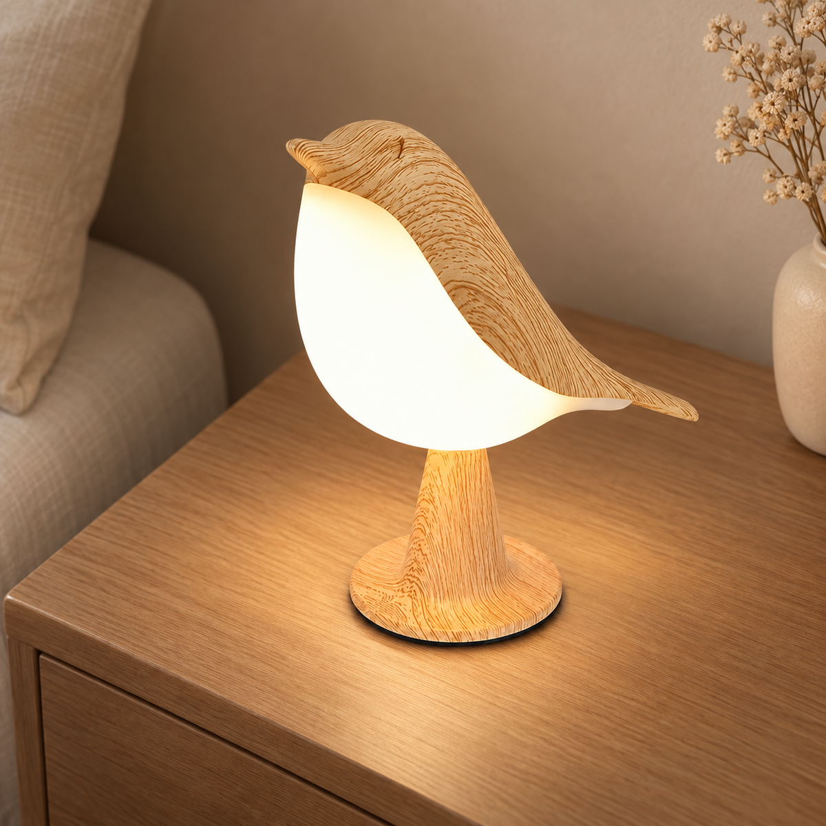 oiseau — aspect bois clair et diffuseur blanc, vue oblique