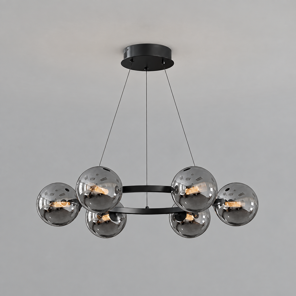 Lustre à globes de verre — 6 globes, noir et gris fumé