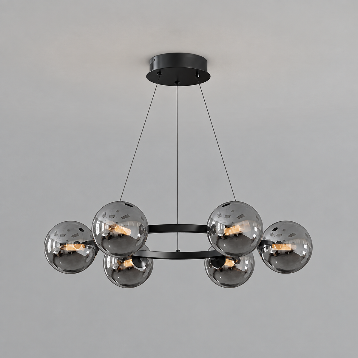 Lustre à globes de verre — 6 globes, noir et gris fumé