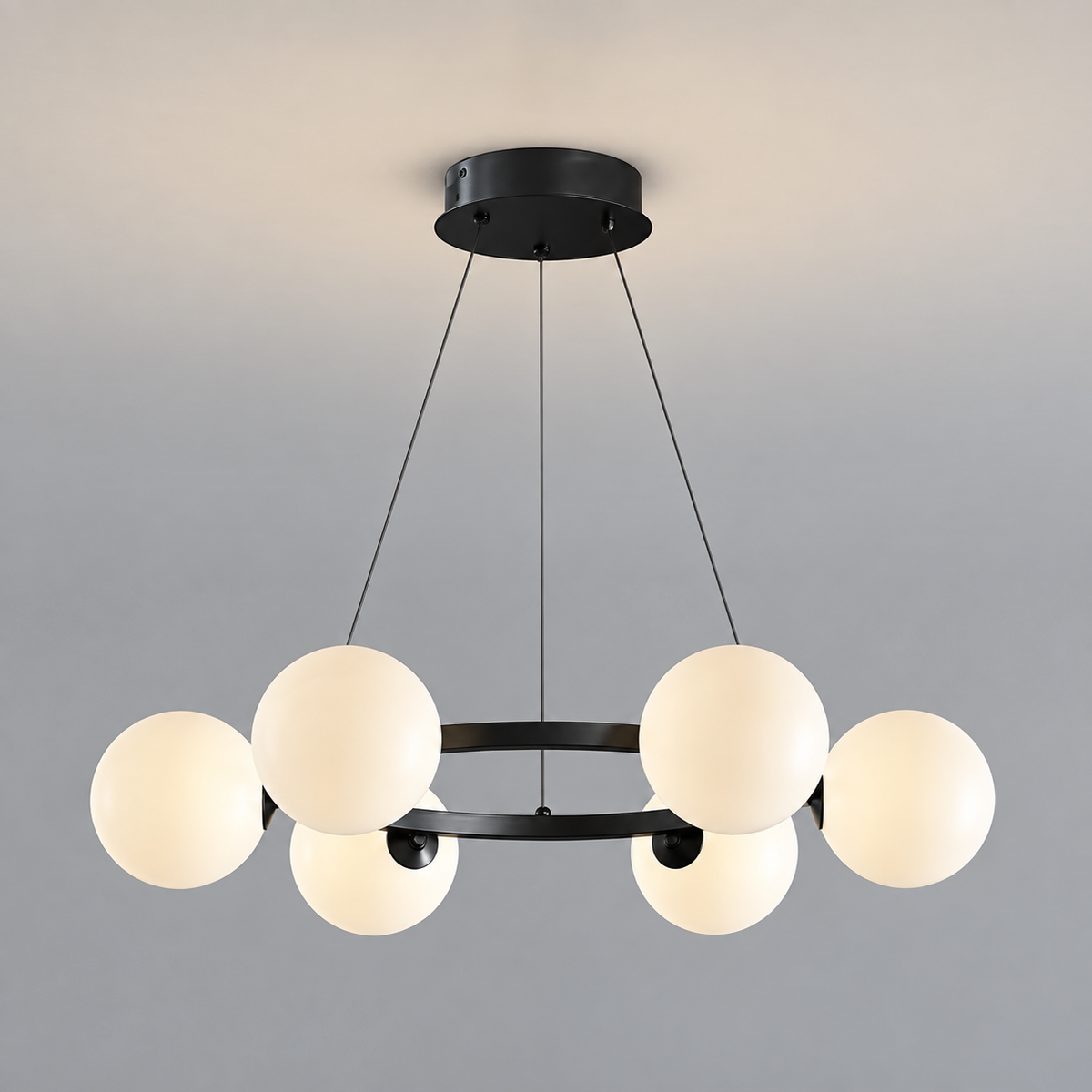 Lustre à globes de verre — 6 globes, noir et blanc
