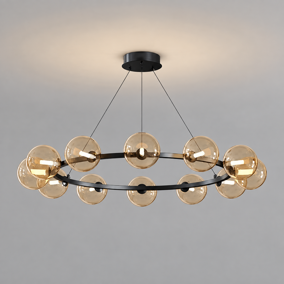 Lustre à globes de verre — 12 globes, noir et ambre