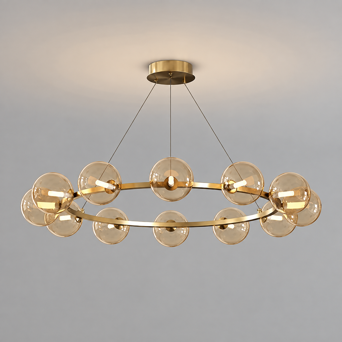 Lustre à globes de verre — 12 globes, cuivre et ambre