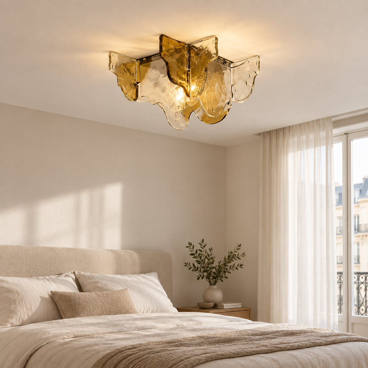 plafonnier-ambre — verre ambré et transparent, vue de trois quarts