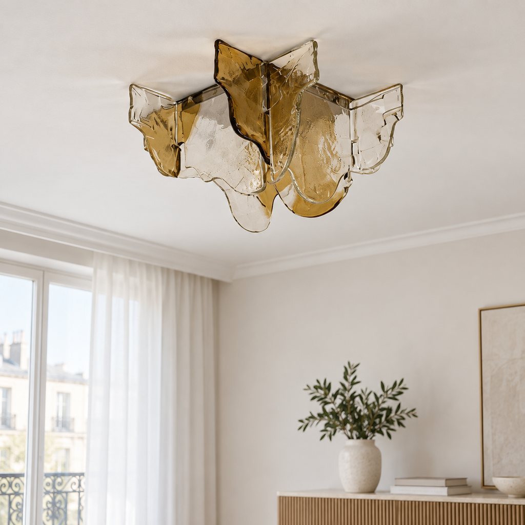 plafonnier-ambre — verre ambré et transparent, vue éteinte en lumière naturelle