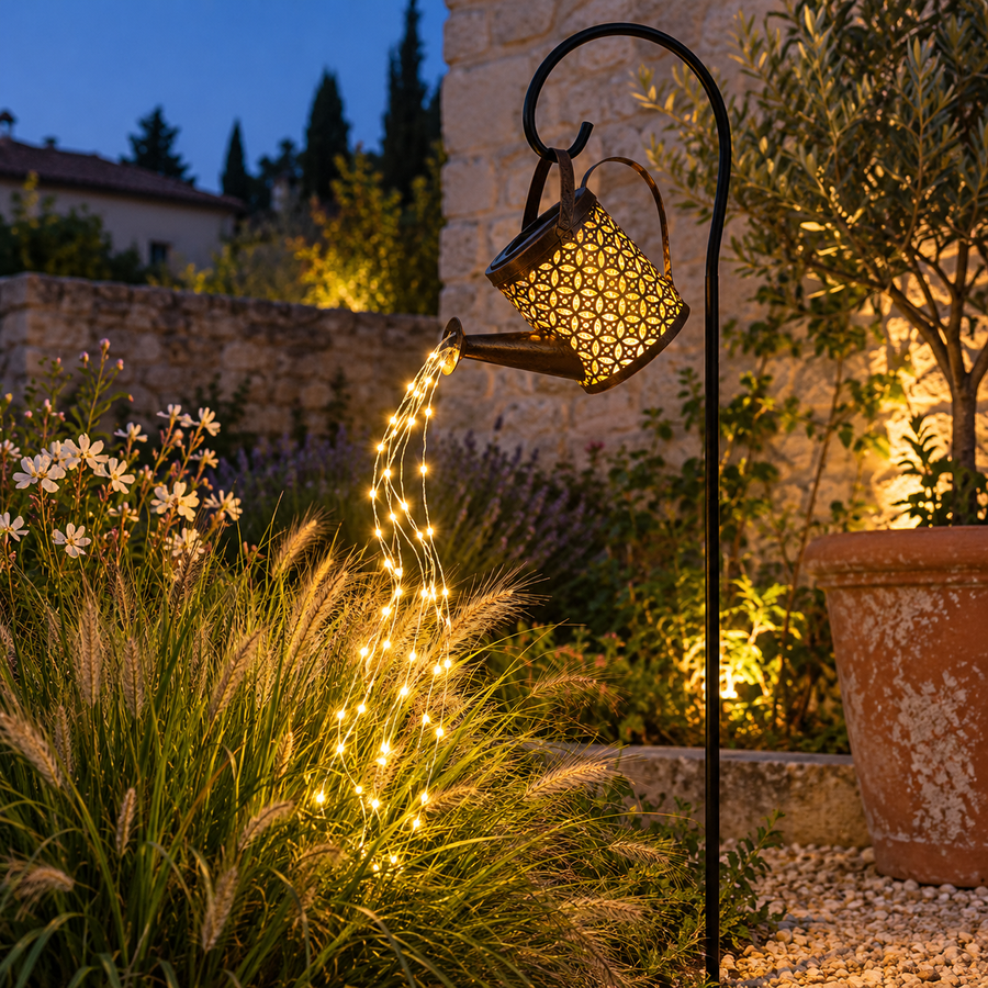 Photo d’ambiance créée : Rosée dans un jardin au crépuscule.