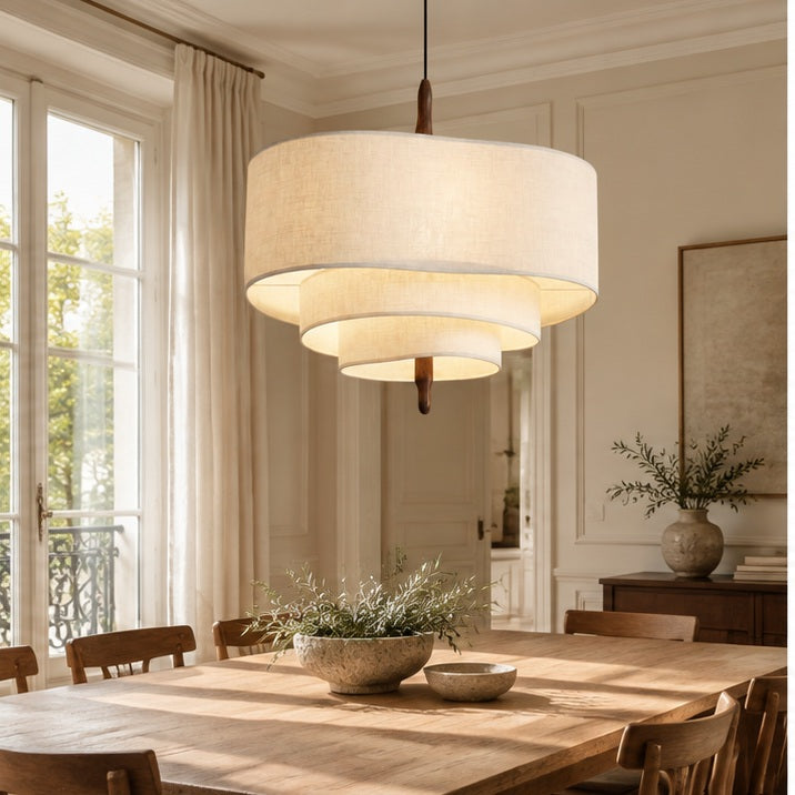 Suspension sculpturale — Bois et tissu beige — salle à manger — mise en scène illustrative 1