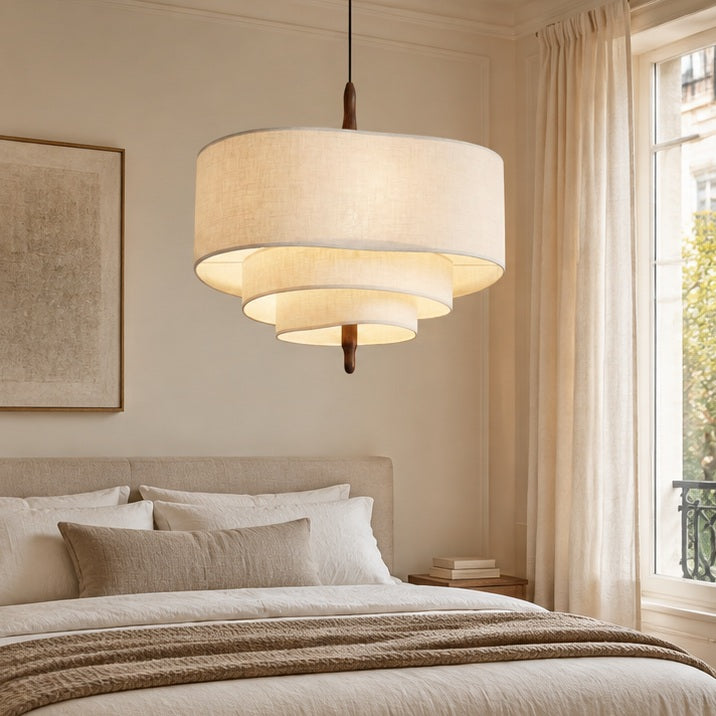 Suspension sculpturale — Bois et tissu beige — chambre — mise en scène illustrative 2