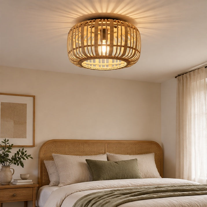 Lindby plafonnier Canyana, naturel, rotin, Ø 40 cm — chambre — mise en scène illustrative 2