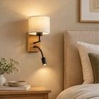 Applique murale Lucande Lieske, beige, tissu, E27, lampe de lecture LED — parents — mise en scène illustrative 1