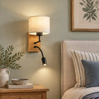 Applique murale Lucande Lieske, beige, tissu, E27, lampe de lecture LED — chambre — mise en scène illustrative 2