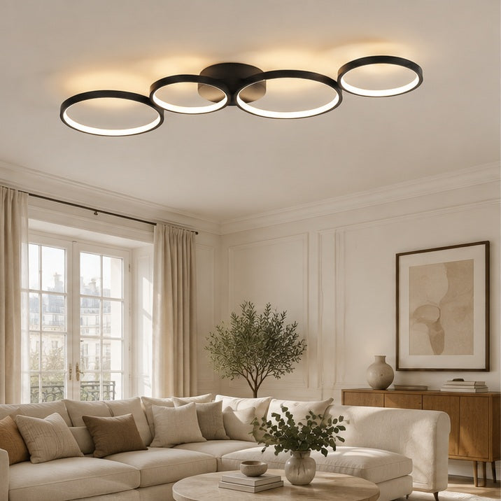 Lindby Plafonnier LED Evengeline, noir, aluminium, 88 cm — salon — mise en scène illustrative 1