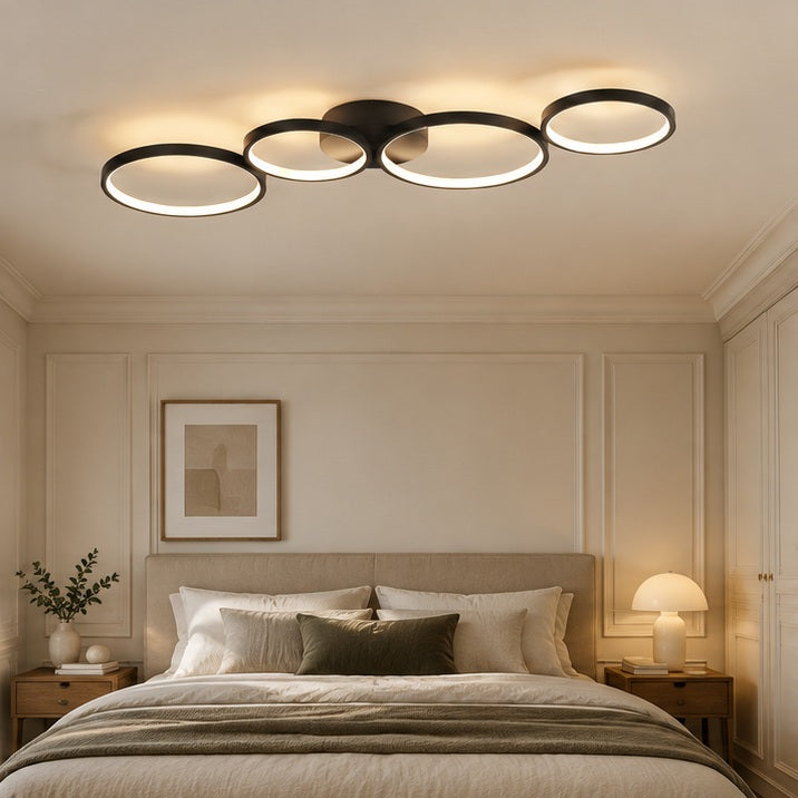 Lindby Plafonnier LED Evengeline, noir, aluminium, 88 cm — chambre — mise en scène illustrative 2