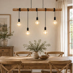 Lindby suspension Rome, 5 lampes, bois, corde, noir, 116 cm — salle à manger — mise en scène illustrative 1